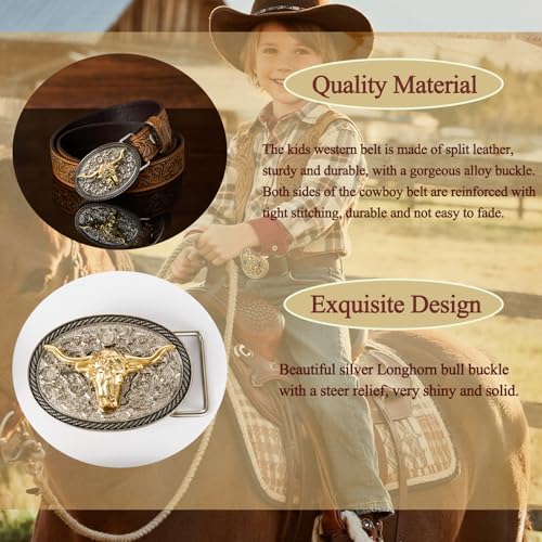 Kids Western Cowboy Belt for Boys Girls–Adjustable Embossed Leather Belt with Longhorn Bull Buckle Toddler Youth4