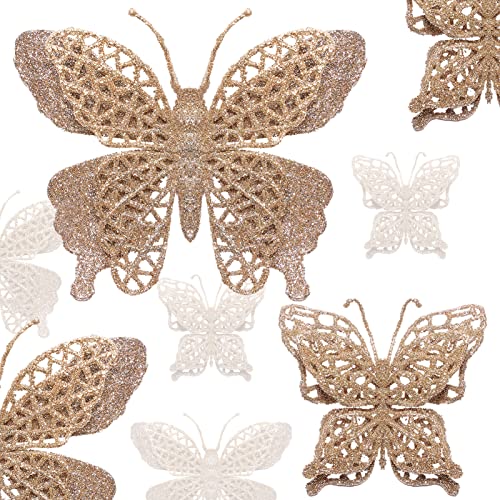 16 PCS Glitter Christmas Tree Butterfly Ornaments - 2 Styles Hollow Decorations With Clips, Artificial Ornaments for Christmas Tree, Holiday Crafts - Champagne