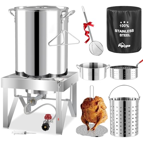 30QT Turkey Fryer Kit | Stainless Steel | Cover | Skimmer | 50,000BTU Burner | Outdoor Deep Fryers with Basket | Seafood Boil Pot | Crab Shirmp & Crawfish Boiler