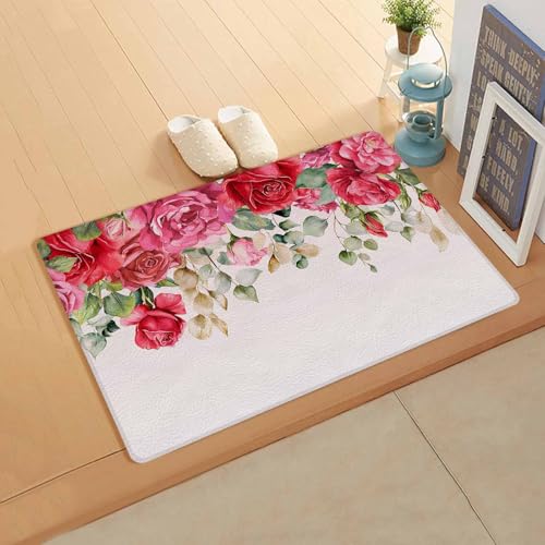 Yubilinco キッチンマット バレンタイン 花 バラ ピンク マット 合皮 踏み心地いい 撥水 直接拭ける 滑り止め付 保温 キッチン 台所 リビングルーム 部屋 玄関マット お手入れ簡単 直角長方形 丈夫 60×90cm