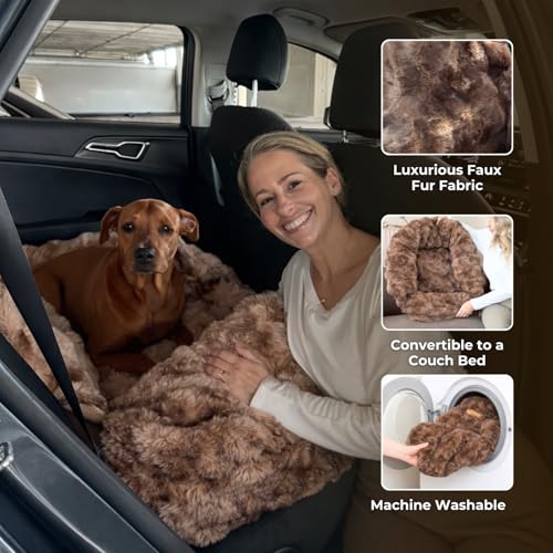 Pelsbarn Luxurious Cozy Car Bed - M/L Luxury Travel Dog Bed with Safety Belt - Ultra Soft Faux Fur - Brown - Image 7