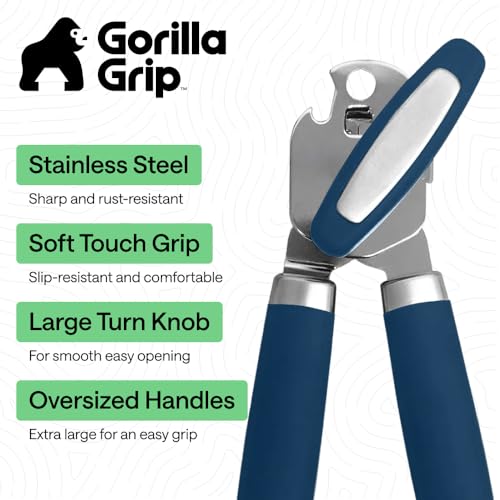 Image of GORILLA GRIP Upgraded Model Stainless Steel Manual Can Opener, Blue | US Designed, Oversized Handheld Turn Knob, Comfortable Handle for Easy Turning, Multifunctional Kitchen Tool, Open Bottles