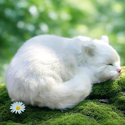 Lifelike White Sleeping Cat Figurine - Realistic Curled Up Faux Fur Kitten Statue, Handcrafted Plush Kitty Home Office Decor, Collectible Gift for Cat Lovers, Stuffed Animal Doughnut Pose Pet Replica