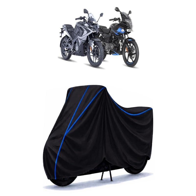 Image of Bajaj Pulsar 180 NS BS6 Bike Cover Water Resistant Universal Motorcycle Rain | Heavy Duty UV Protection, Dust, Scratch Indoor Outdoor All Weather with Black Blue Piping Elastic