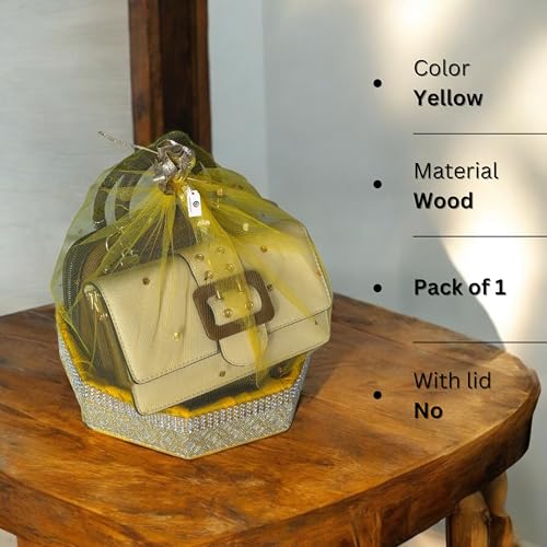 Image of (Small, 8x8x2 inch, Hexagon, Stone Lace, Color-Yellow) MDF Base Designer Gift Hamper Packaging Baskets with Net Cover, Gift Hamper Organiser Perfect for Any Occasion