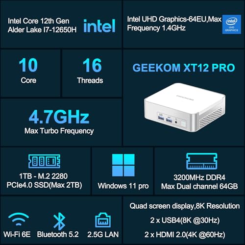 Image of GEEKOM Multitasking Office Work XT12 Pro Mini PC with 12th Gen Intel i7-12650H NUC12 Mini Computers(Beats 12450H), 32GB RAM & 1TB SSD Mini PC Windows 11 Pro(3-Year Coverage) 8K /Quad Display /USB4.0