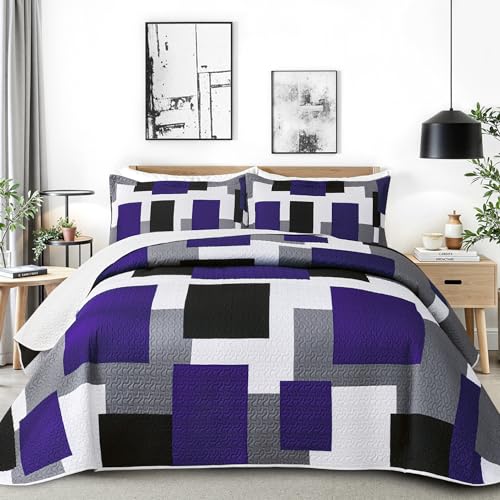 Image of Tyrot 3 Piece Purple Black Quilt Full /Queen Size White Grey Bedding Set
