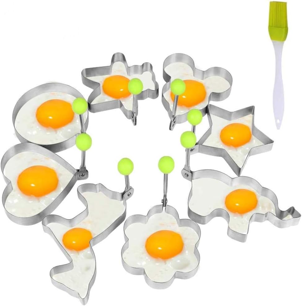 Pancake Mold for Kids, Kmeivol Reusable Pancake Mold, Egg Mold of Different Egg Shapes, Fried Egg Mold - 8pcs Different Shapes Stainless Steel Fried Egg Molds with 1pc Silicone Pastry Brush- Set of 9
