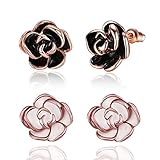 2 Pairs Pack White/Black Rose Gold Plated Flower Stud Earrings For Women Girls Gift