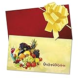 GESCHENKGUTSCHEINcom by POS-HAUER. Gutschein-Set. 25x Gutschein + Kuvert + Schleife. Für Obst-Handel Gemüse-Handel Geschäfte, blanko zum selber Ausfüllen.