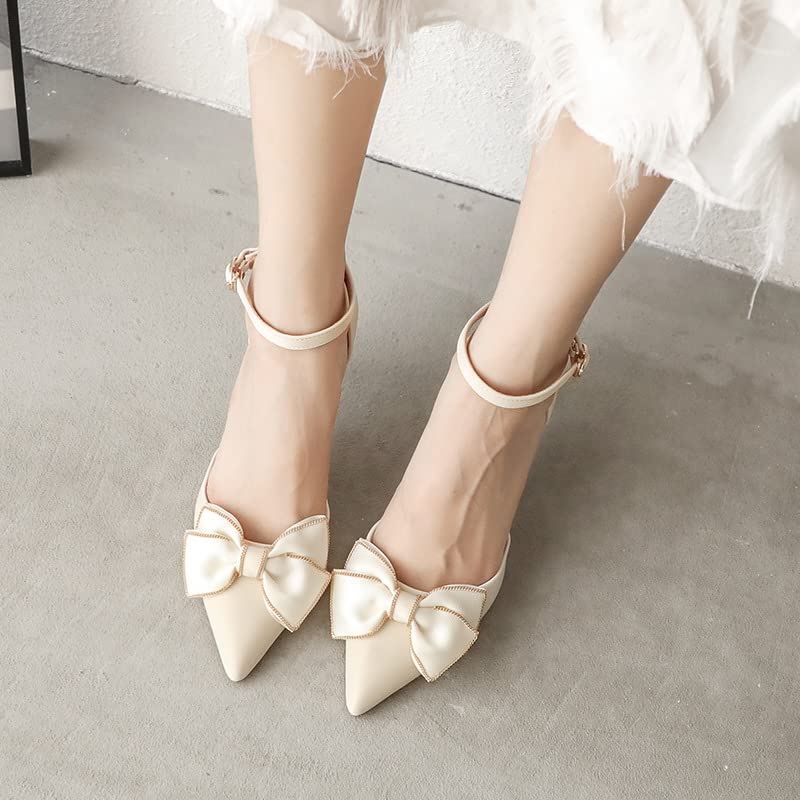 MSUDGH Wedding Shoes Women's Shoes Bow Ladies one-line Buckle high-Heeled Shoes Stilettos Hollow Pointed Single Shoes Temperament Wedding Shoes Bridesmaid Dress Shoes (Apricot Color 34) : Clothing, Shoes & Jewelry