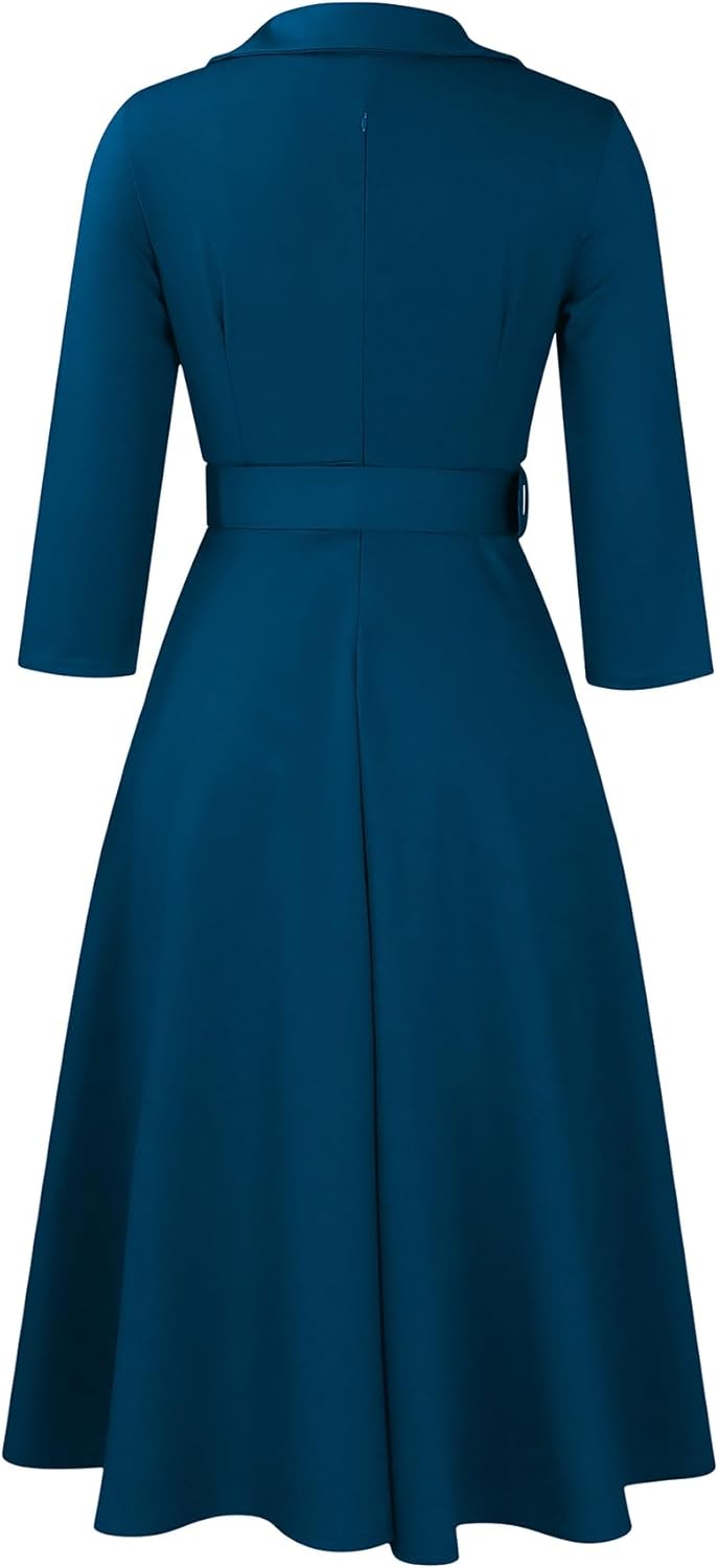 Elainone Women’s 3/4 Sleeve Flared A Line Dress Wedding Guest Casual Semi Formal Office Lady Dresses with Belt - Image 3