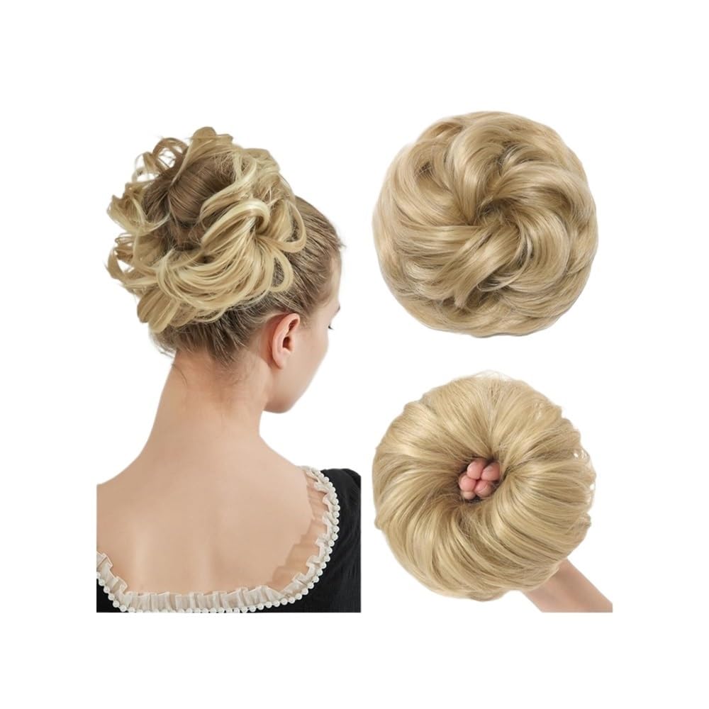 QRSTUVXZY Messy Bun Hair Piece Curly Synthetic Extensions Scrunchies Fake Chignon Updo Hairpieces for Women(Natural Blonde Balayage)