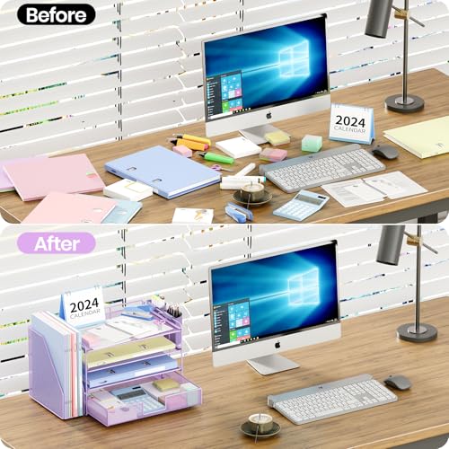 Image of OPNICE Desk Organizer, 4-Tier Desktop File Organizer with Drawer and Pen Holders, Office Desk Accessories, File Sorters, Workspace Organizers for Office Supplies(Purple)