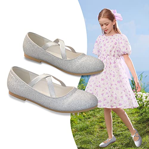 Zgdg Girls Flat Dress Shoes Ballet Shoes,Glitter Mary Jane Flats Wedding Party Ballerinas With Elastic Strap For Little/Big Kid Silver thumb #6