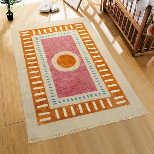 Lukinbox Boho Area Rugs for Bedroom, 4x6 Sun Washable Living Room Rug, Super Soft Non-Slip Colorful Circular Rainbow Rug for Kids Room Playroom Nursery Room Dinning Room