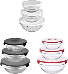 Kit 3 Potes de Vidro com Tampa Hermética - Bacias Bowl Empilháveis para Alimentos, Cozinha, Preparo e Armazenamento (Cores Variadas)