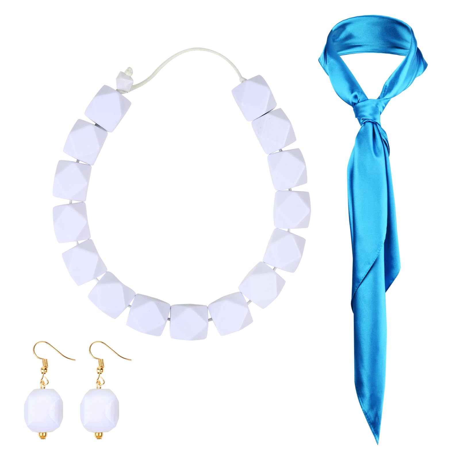 3 Pieces White Beads Necklace,Earrings,Blue Scarf, Acrylic Costume Jewelry Chunky Statement Strand Necklaces for Halloween Caveman Couple Costume Cosplay Party Supplies