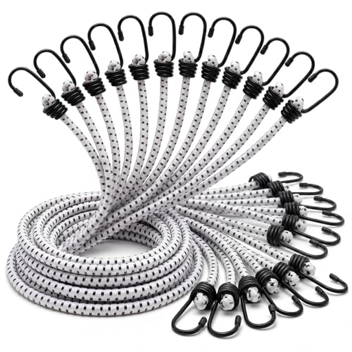 Image of 12 Pcs 96 Inch Extra Long Bungee Cords with Hooks 0.39 Inch Thick Heavy Duty Bungee Straps for Outdoors, Camping, Rvs, Bikes, Cargo (White+Black)