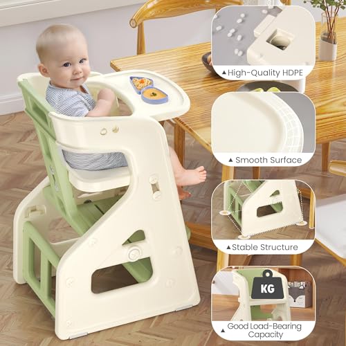 Image of 3-in-1 High Chair for Babies Kids Convertible HighChair Toddlers Adjustable Height Kitchen Step Stool for Sink Kids Chair Removable Tray Ideal for Dining Kitchen and Bathroom Use, Green