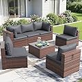 Patio Furniture Sets with Waterproof Cover, 7 Pieces Outdoor Rattan Sectional Sofa Set with Glass Table and Cushions,Wicker Patio Conversation Set for Outdoor Indoor Backyard Lawn Garden Porch (Grey)
