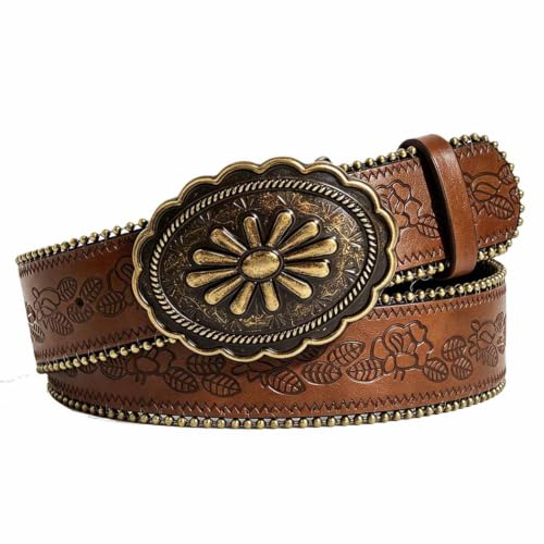 Image of Yalice Western Brown Belt for Women Vintage Cowgirls Leather Jeans Belts with Embossed Buckle