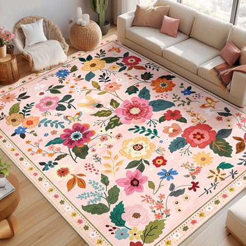 Floral 8x10 Area Rug Machine Washable Soft Print Boho Carpet Non Slip Doormat Low Pile Flower Area Rugs for Living Room Bedroom Nursery Kitchen Dining Room Indoor-Pink