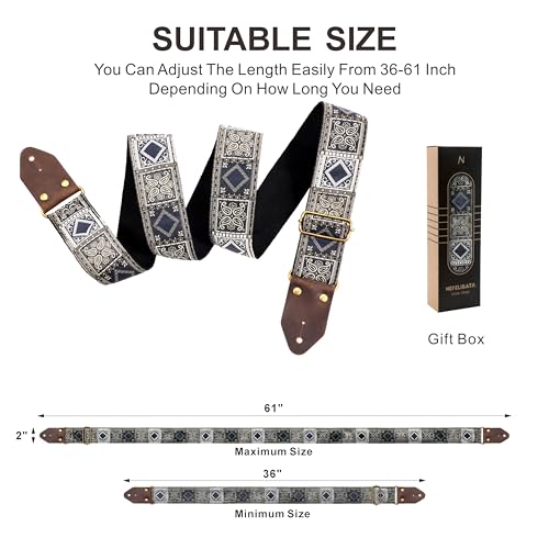 Image of Nefelibata Guitar Strap,Crazy Horse Leather Jacquard Embroidery Cotton Guitar Straps for Bass, Electric & Acoustic, Best Gifts for Guitarists(Bohemian Dark Blue Chequered)