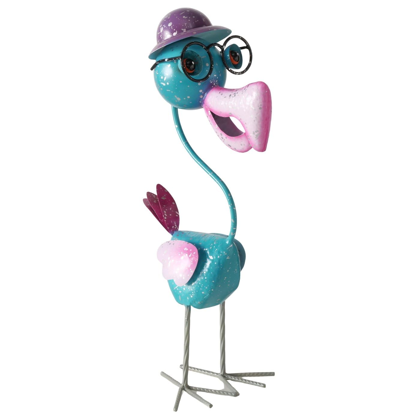 MF Professor Pico Vogel Gartenfigur aus Metall, 54 cm, Bunt mit Brille und Hut, Türkis Lila Pink, Handgearbeitete Dekofigur für Garten und Terrasse