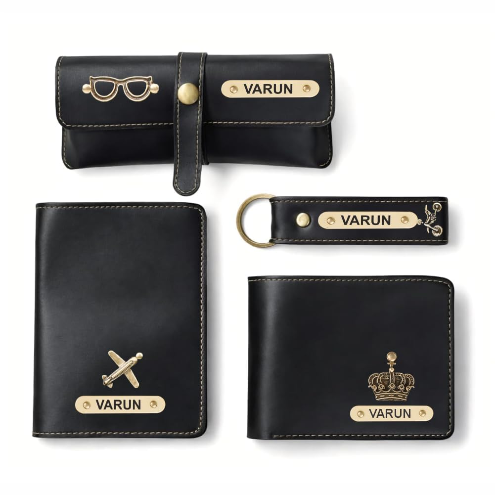 Personalised Black Leather Combo Set, Passport Cover, Wallet, Keychain and Sunglass Case with Name Plate-image-26