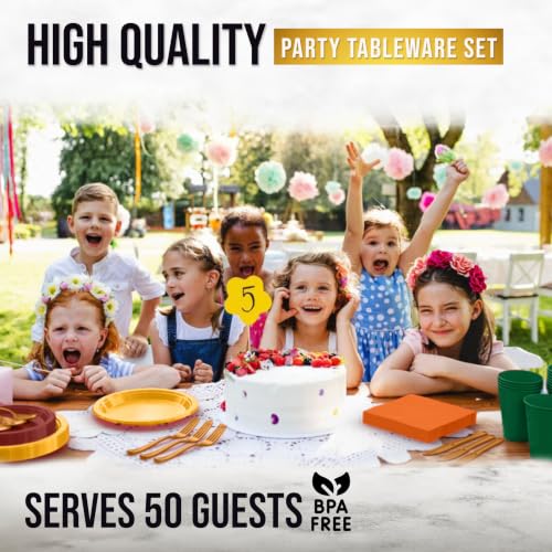 Image of 350 Pcs Thanksgiving Plastic Plates For Party, Thanksgiving Disposable Plates Set, 50 Of Each 9 inch Dinner Plate Set, 7 inch Dessert Plate, Cups, Napkins & Cutlery Plastic Dinnerware Exquisite