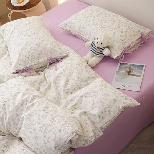 Image of LifeTB Vintage Floral Comforter Set King, Cottagecore Aesthetic Cute Flower Pattern Comforter for All Seasons, Lightweight Coquette Bedding Set Flowers Botanical Comforter with 2 Bow Ties Pillowcases