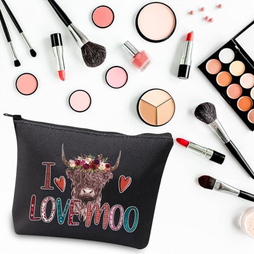 PLITI Highland Cow Makeup Bag Cow Lover Cosmetic Bag Farm Girl Gift I Love Moo Funny Cow Saying Gift for Girlfriend Wife (I Love Cow blU) - Image 3