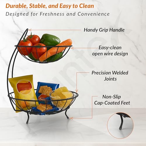 Image of Plantex Fruit Basket for Dining Table /2-Tier Vegetable Basket Stand /Fruit Bowl /Vegetable and Fruit Stand for Kitchen Storage - Black, (23 x 32 x 28 cm)