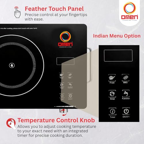 Image of Omen Changing Lives 2000W Infrared Cooktop With Stainless Steel Grill Rack | Crystal Glass | Touch Control | Digital Display | 3 Preset Menus | Adjustable Temperature Knob | 1 Year Warranty (Silver)