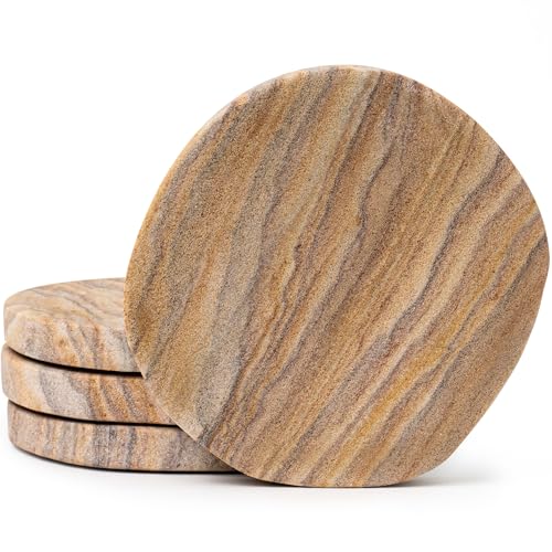 Cork & Mill Absorbent Coasters Set of 4 - Water Absorbing Sandstone Coasters for Drinks - Perfect for Coffee Table, Office Desk, Outdoor, Bedroom Nightstand - 4" Round - Unique Irregular Edge Design Cork & Mill Absorbent Coasters Set of 4 - Water Absorbing Sandstone Coasters for Drinks - Perfect for Coffee Table, Office Desk, Outdoor, Bedroom Nightstand - 4" Round - Unique Irregular Edge Design