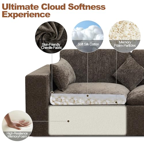 Image of 115''Cloud Boneless Sectional Couch, Modular Sectional Sofa Deep Seat, Oversized Upholstered Convertible Comfy 3 Seater Chenille Memory Foam Sofa Couches for Living Room, Brown