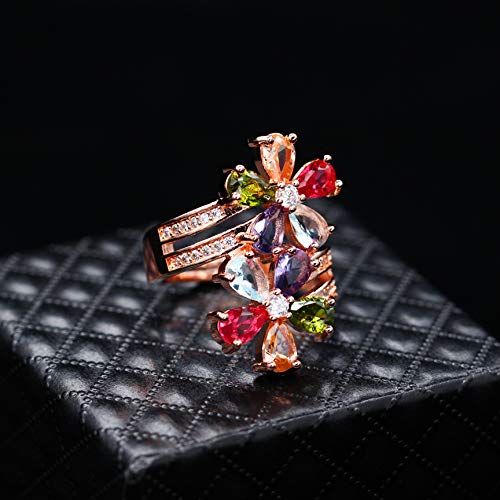 Uloveido Women's Multicolor Pear Cut Created Tourmaline Rings Rose Gold Plated Flower October Birthstone Adjustable Rings Birthday Gifts Ideas RJ1343