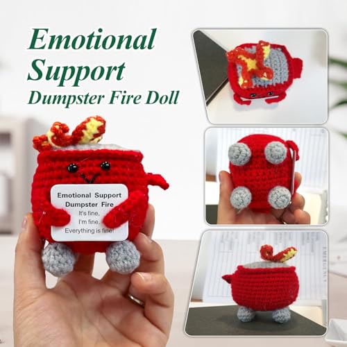 Image of Emotional Support Dumpster Fire - Positive Crochet Birthday Easter Basket Stuffers Essentials Gift for Women Men Girls Coworker Friend, Handmade Knitted Doll for Home Office Accessories Decor (Red)