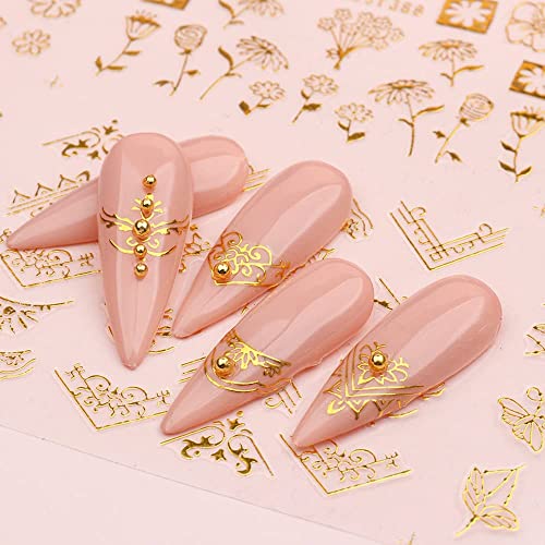 Flowers Nail Art Stickers Decal 3D Self-Adhesive Gold Flower Leaf Lace Nail Supplies Flower Nail Stickers Geometry Line Nail Designs for Women Girls Nail Art Decorations(Gold) - Image 6