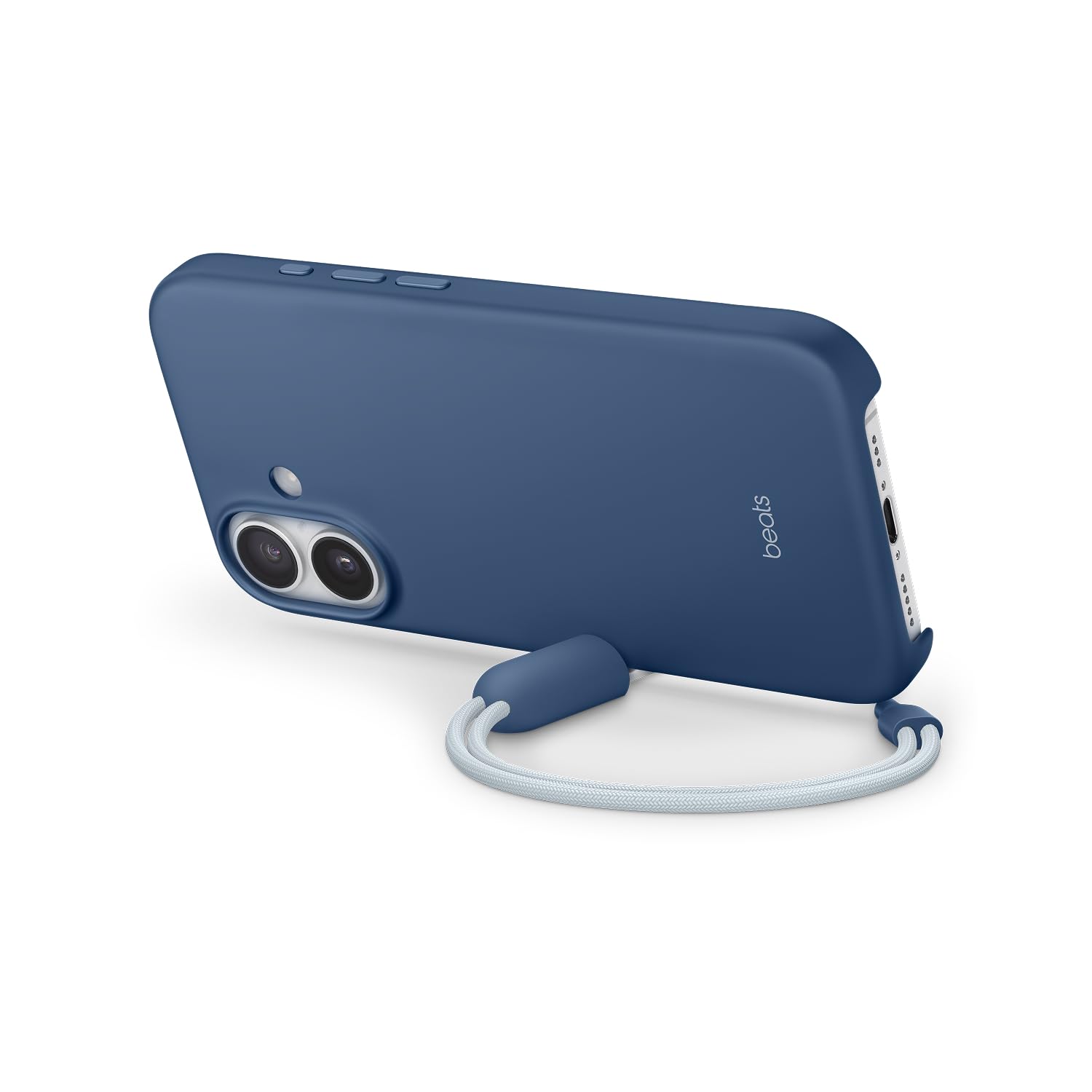 Beats iPhone 17 Kickstand Case mit MagSafe und Kamerasteuerung, integrierter Ständer und Trageschlaufe, Matte Außenseite mit Innenfutter aus Mikrofaser – Felsblau