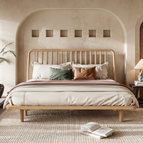 Image of Bellemave Queen Bamboo Bed Frame with Slatted Slanted Headboard,Natural