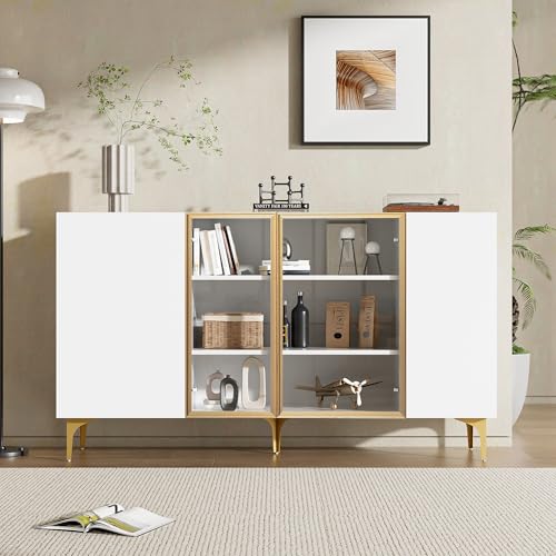 Elegante aparador de 4 puertas blanco con cristal y metal, aparador para salón, comedor, cómoda, diseño moderno, sin asas, mucho espacio de almacenamiento, 150 x 38 x 85 cm (largo x ancho x alto)