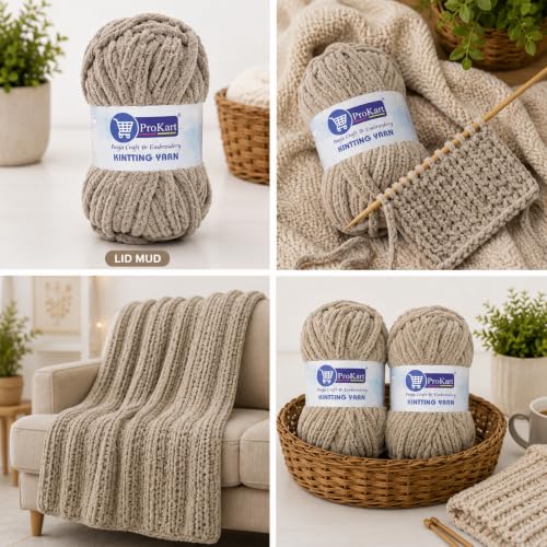 Image of ProKart Premium Blankie Wool, Plush & Cuddly, Chenille Yarn Supersoft Hand Knitting Wool Ball | Blanket Thick Adult, Sweaters, caps, Throws, Blankets (Light Mud-001, 100gms x 1 Pack)