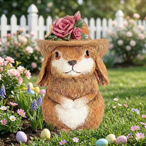 Xintim Statues Décor Jardin Lapin avec Chapeau, Statue Lapin Décorations Extérieures pour Porche, Pelouse, Jardin Terrasse, Cadeaux Jardinage Uniques pour Maman