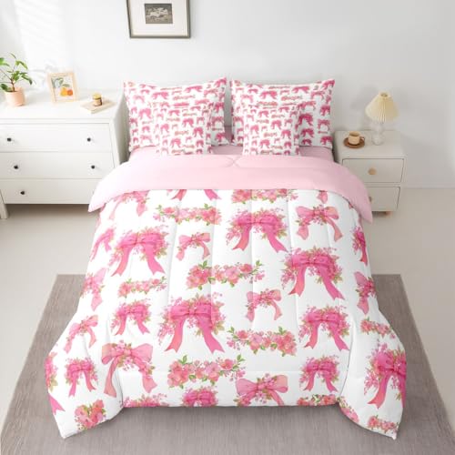 Image of Erosebridal Pink Floral Bowknot Bed in A Bag Twin 7 Piece Girly Bows Ribbons Comforter Set Valentine Flowers Bedding Sets for Kids Girls Bow Tie Princess Sheet Set with Comforter
