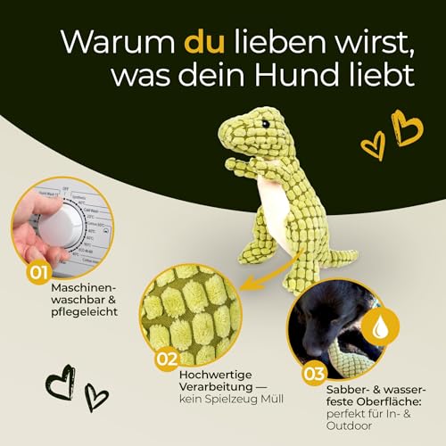 Hundpur Plüschtier Dino Grün - Kuscheltier für Hunde - mit Quietscher - Hundespielzeug - Langlebig & Reißfest - für alle Rassen & Größen