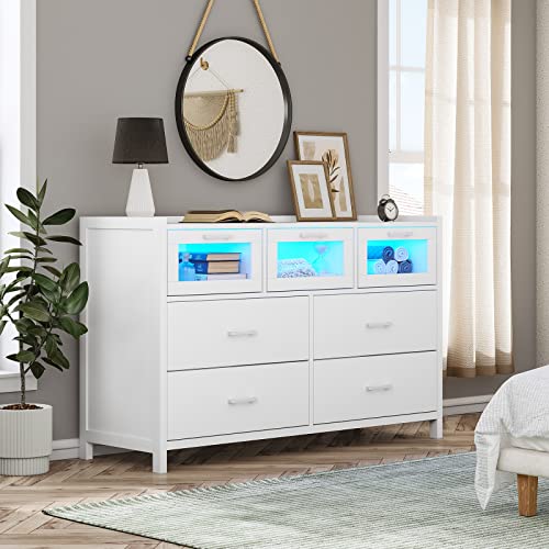 Image of VIAGDO White 7 Drawer Dressers with LED Lights, Chests of Drawers, Bedroom Closet Wooden Long Kids Dresser for Bedroom, Kids Room, Hallway