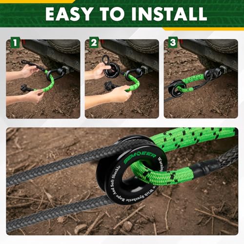Image of Soft Shackle & Recovery Ring Kit, 1 /2'' x 22'' Soft Shackle Recovery 2 PCS | Max Breaking Strength 56,000 Lbs, with Black Snatch Recovery Ring for ATV UTV SUV Truck Off-Road Vehicle, Black
