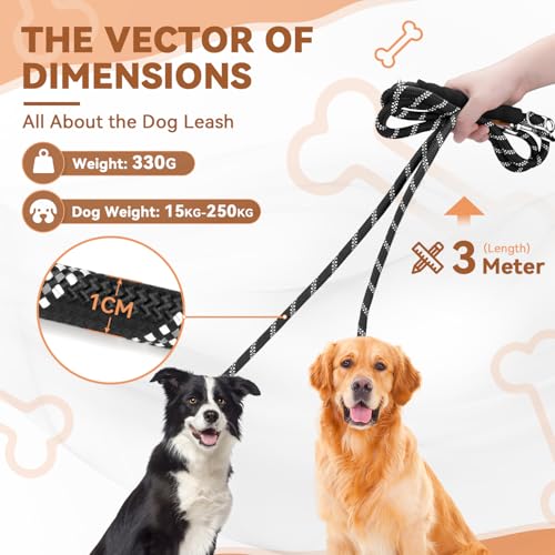 Hundeleine 3 M mit Weichem Griff, Verstellbar Schleppleine für Mittel- & Großhunde (20-60kg), Reflektierend mit Verschiebbaren Sicherheitsringen, Multifunktional Doppelleine für Spaziergang Training